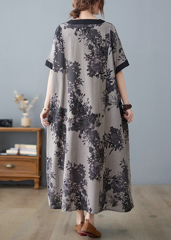 Floral Print V-Neck Contrast Trim Short Sleeve Pocket Maxi Dress - View 4