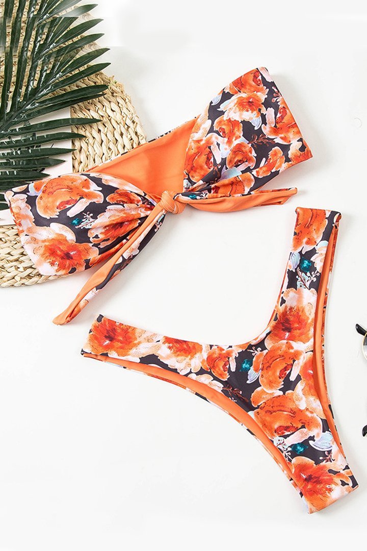 Bandeau Floral Print Knot Orange Bikini Set - Fashionpara