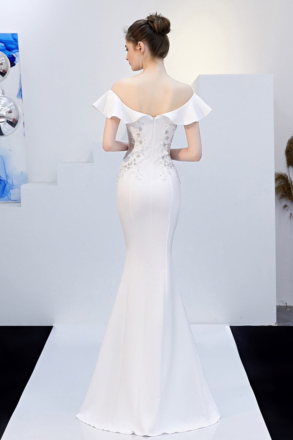 Off Shoulder Ruffle Beaded Mermaid Formal Gown - View 5