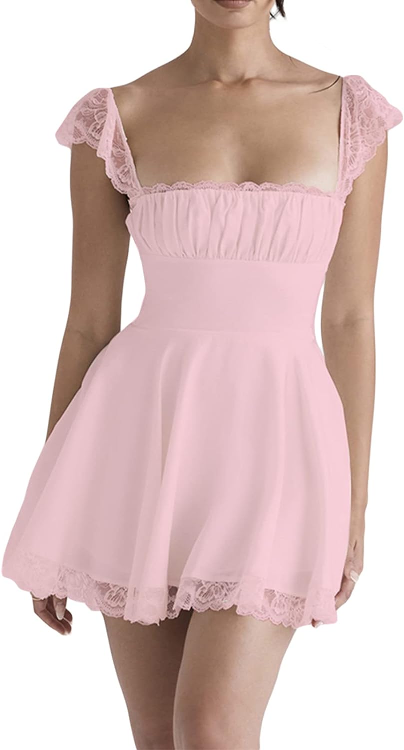 Lace-Trim Square-Neck Cap-Sleeve Fit-and-Flare Mini Dress