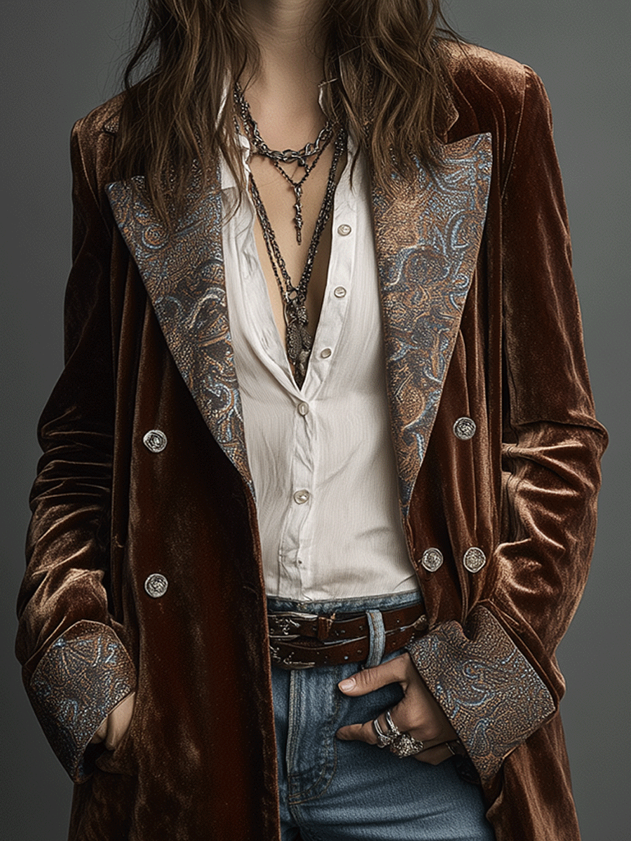 Bohe Chestnut Printed Velvet Long Coat - Fashionpara