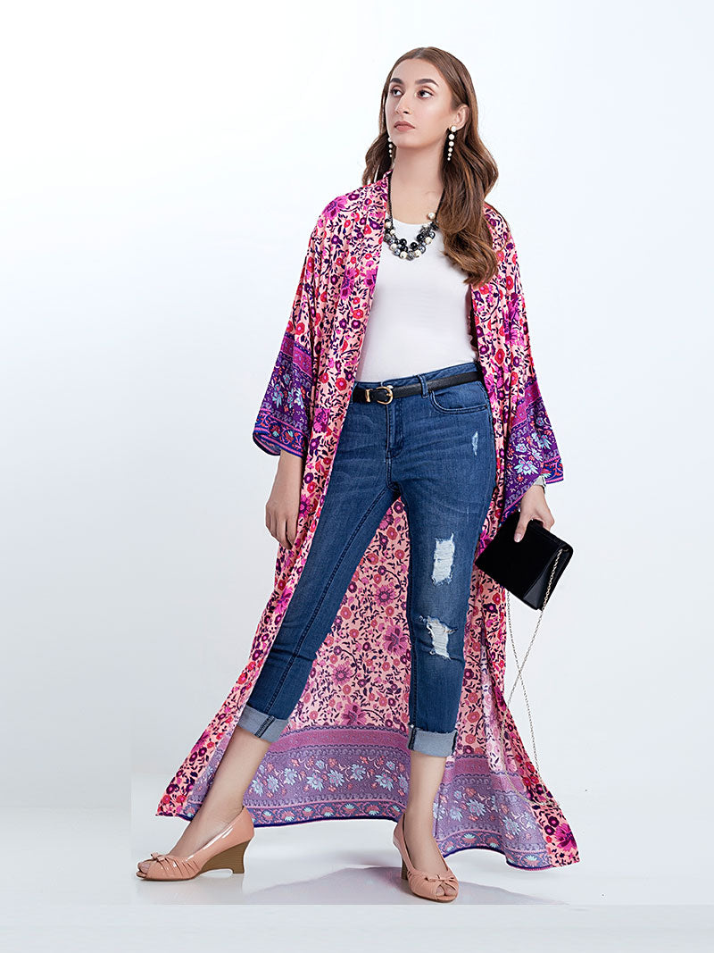 Bridal Wear Long Length Floral Print Purple Color Cotton Gown Kimono Robe - Fashionpara
