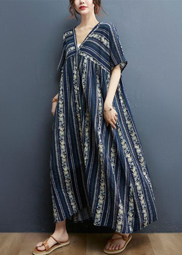 Vertical Border Print V-Neck Button Front Short Sleeve Maxi Dress - View 3