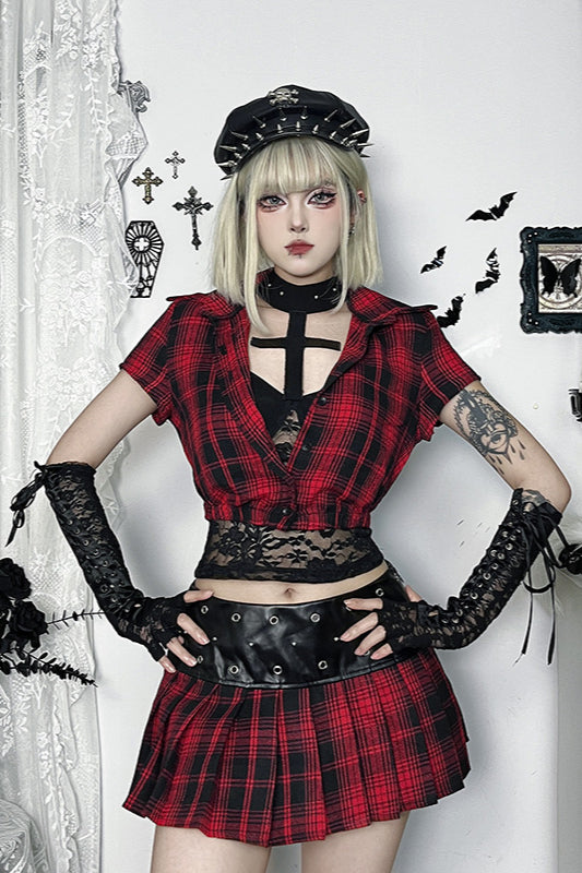Gothic Red Plaid Short Sleeve Blouse
