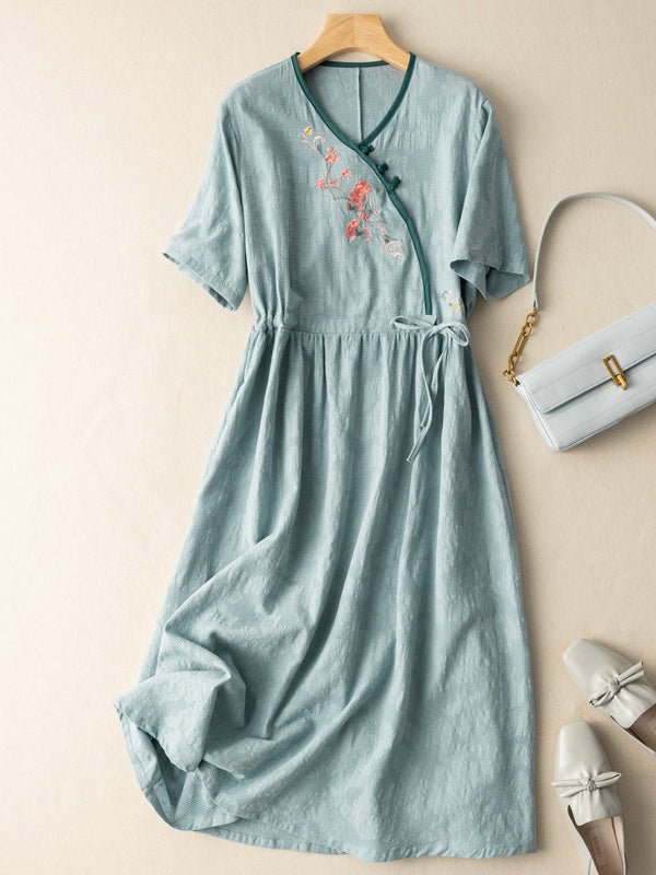 Floral Embroidery Frog Button Crossover V-Neck Tie Waist Midi Dress