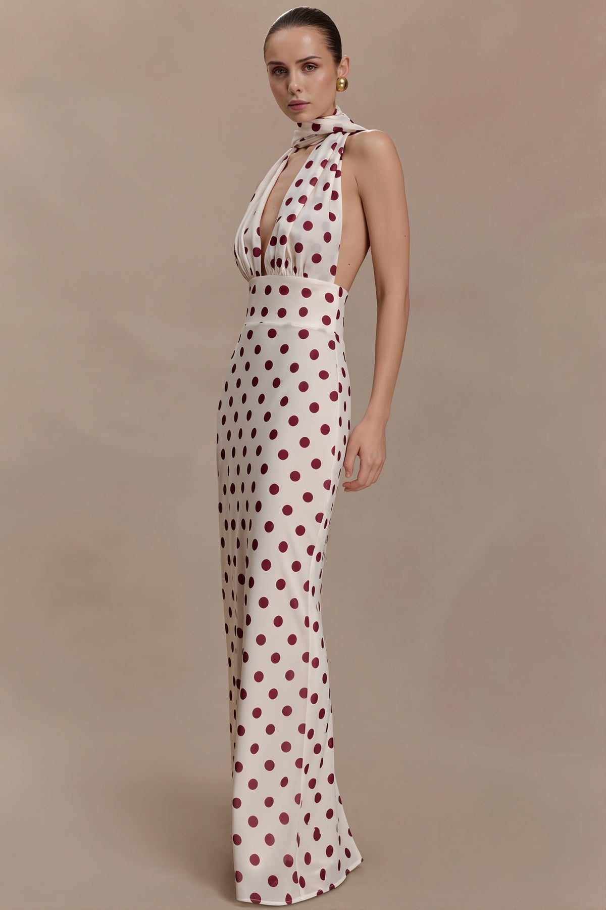 Polka Dot Satin Halter Deep V Backless Gown