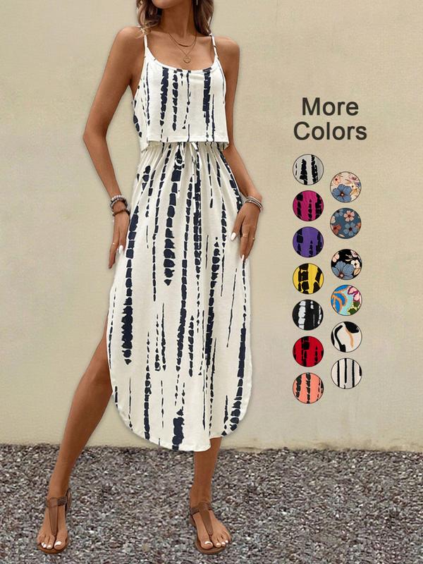 Tie Dye Stripe Print Spaghetti Strap Layered Split Midi Dress