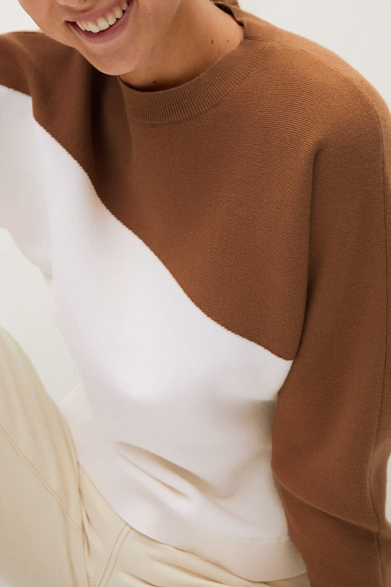 O Neck Patchwork Loose Brown Sweater  Fashionpara