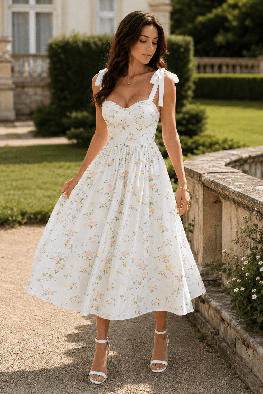 Floral Sweetheart Tie Strap Corset Midi Dress 5