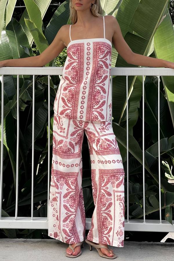 Unique Print Loose Casual Tank Top and Elastic Waist Wide Leg Straight Pants Set - Fashionpara