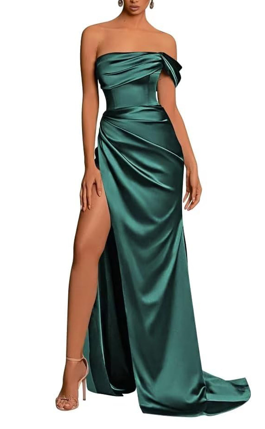 L0976 - Couture Simple Draped Sleeveless With Train and High Slit Party Prom Formal Evening Dress