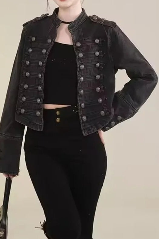Cropped Denim Military Jacket