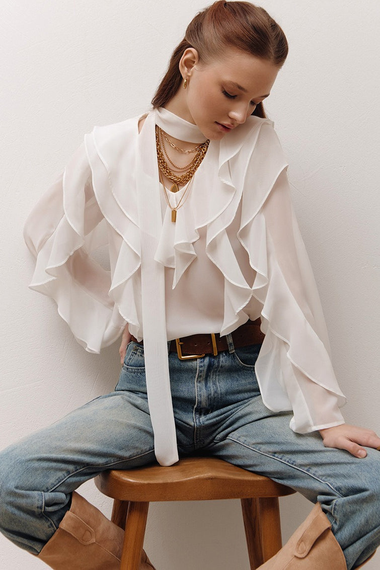 Ruffle Front Scarf Tie Blouse