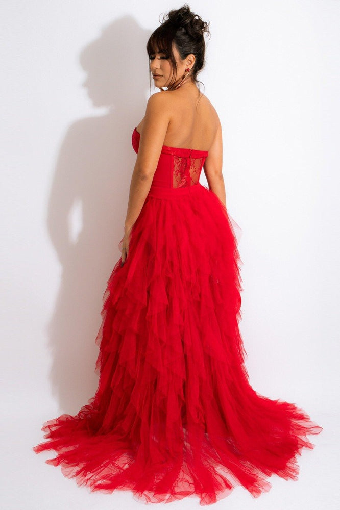 Sheer Lace Bustier Strapless Tulle A-Line Formal Gown - View 4