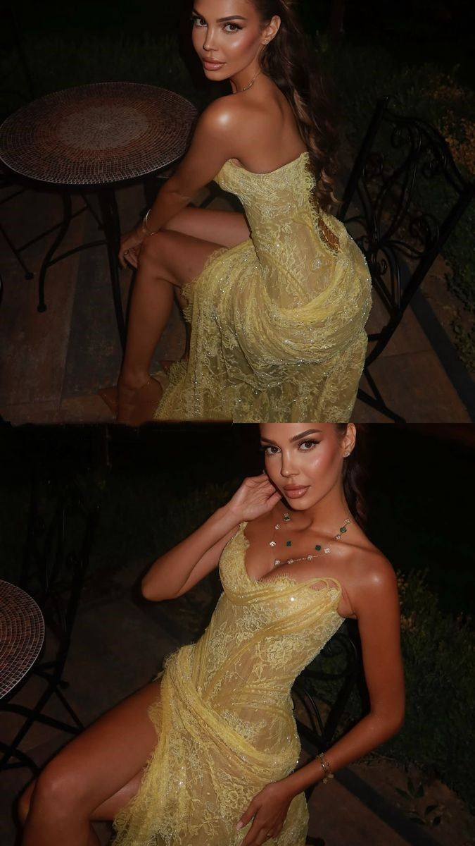 Mermaid Sweetheart Yellow Lace Slit Prom Dresses Long Party Dress - Fashionpara