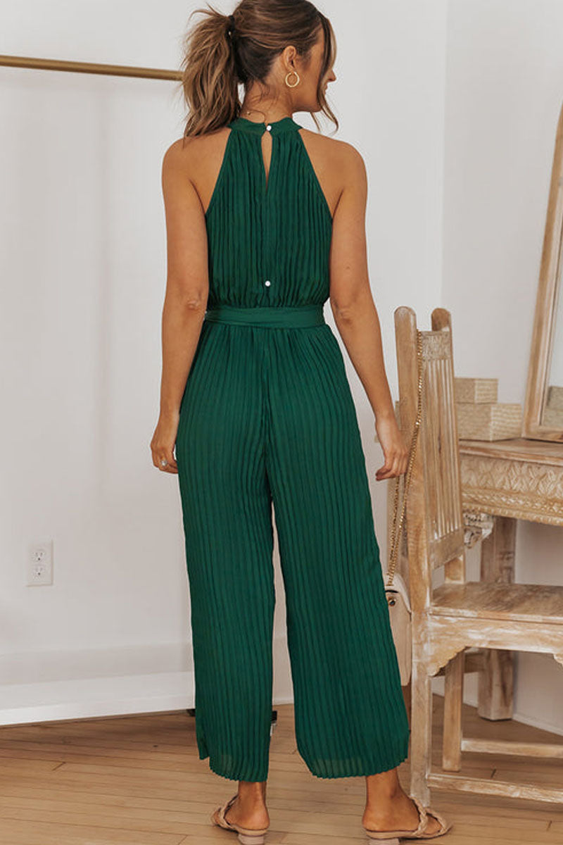 Accordion-pleated Belted Grecian Neck Sleeveless Jumpsuit Fashionpara