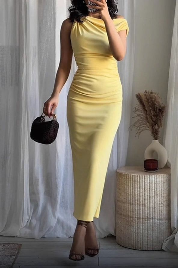 Satin Cowl Neck Ruched Asymmetric Bodycon Maxi Dress - View 3