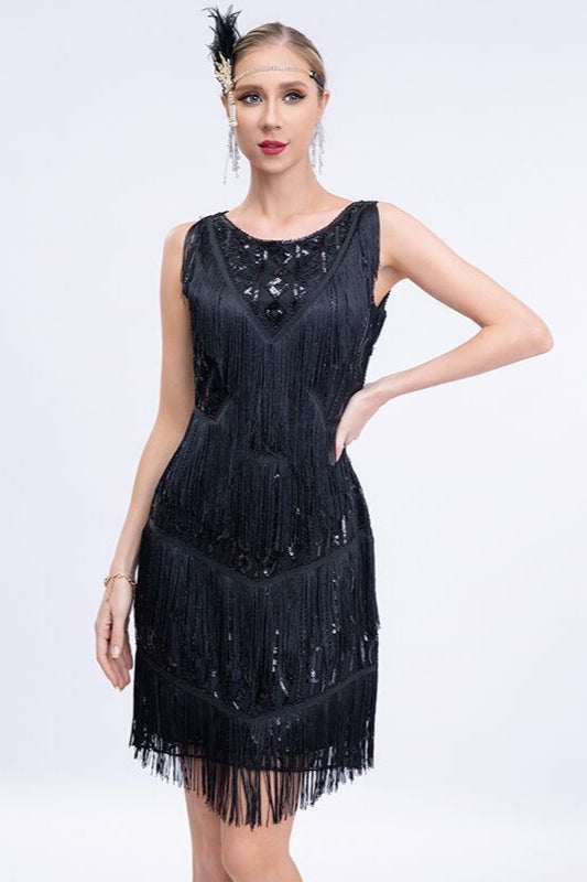 Sequin Fringe Sleeveless Tiered Mini Dress