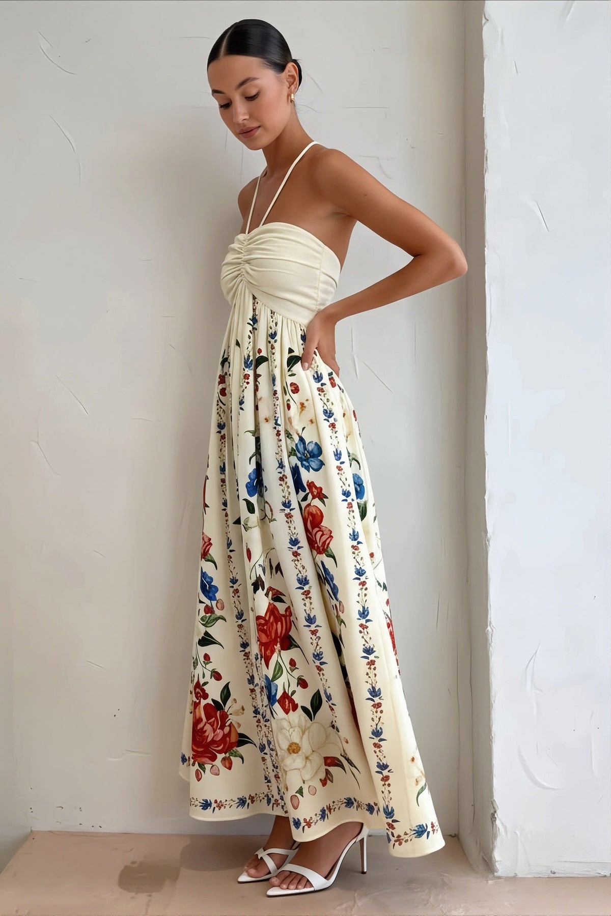 Floral Print Halter Neck Full Skirt Maxi Dress