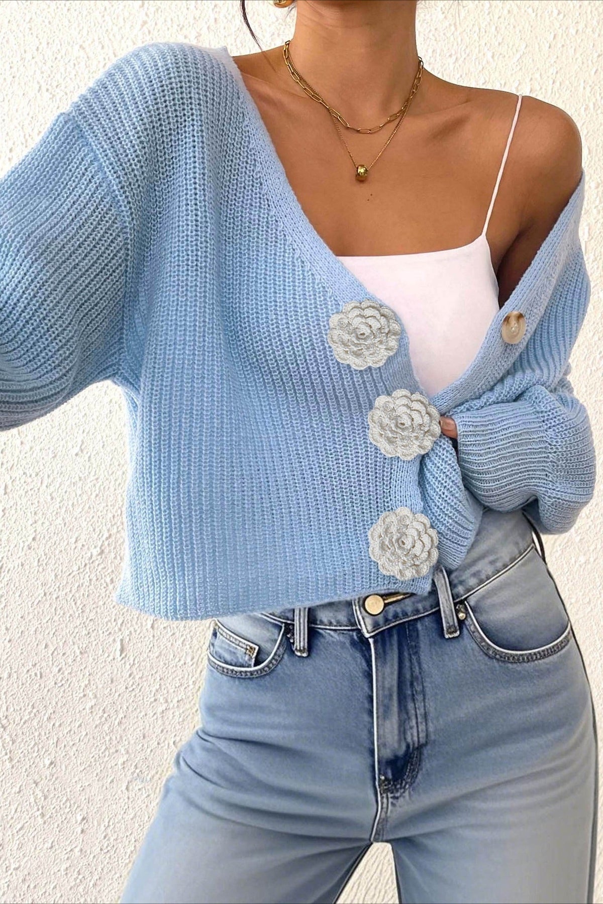 Button Front Crochet Knit Crop Sweater 28