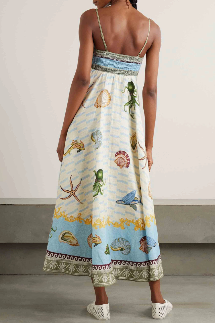 Unique Exquisite Deep Sea Floral Print Midi Dress - Fashionpara