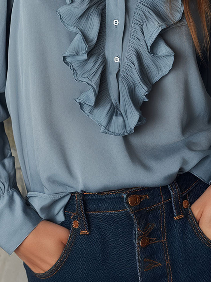 Dusty Blue Ruffle Front V-Neck Button Chiffon Blouse - Fashionpara