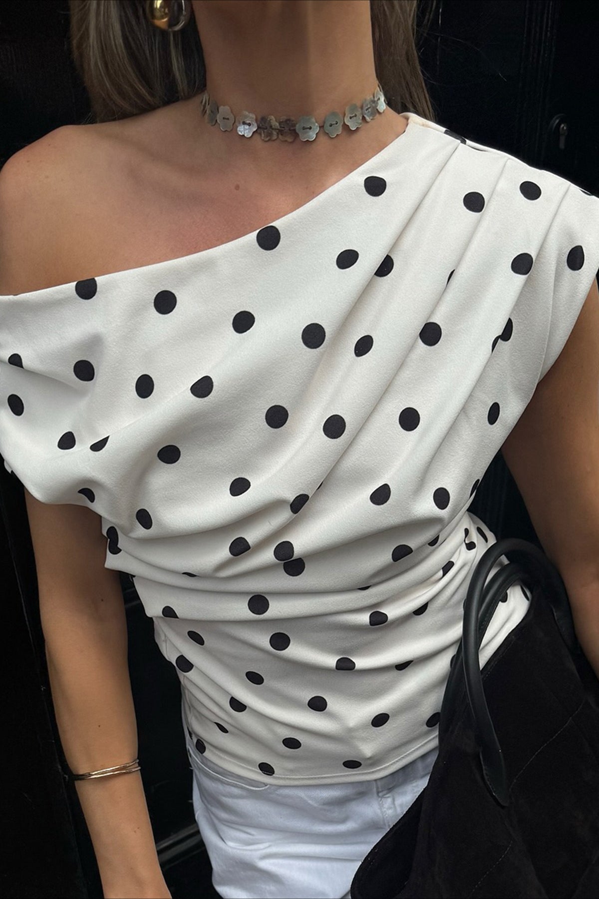 Retro Polka Dot One Shoulder Blouse