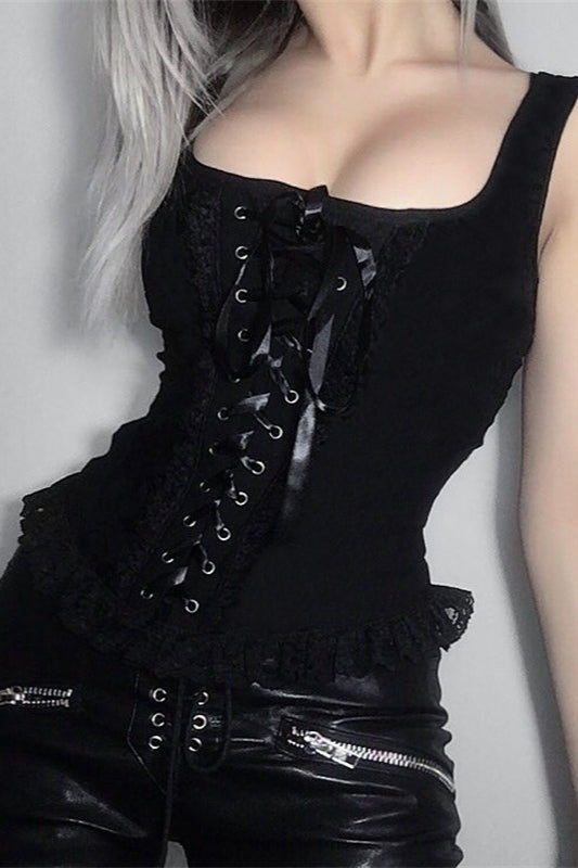 Knit Lace Square Neck Lace-Up Corset
