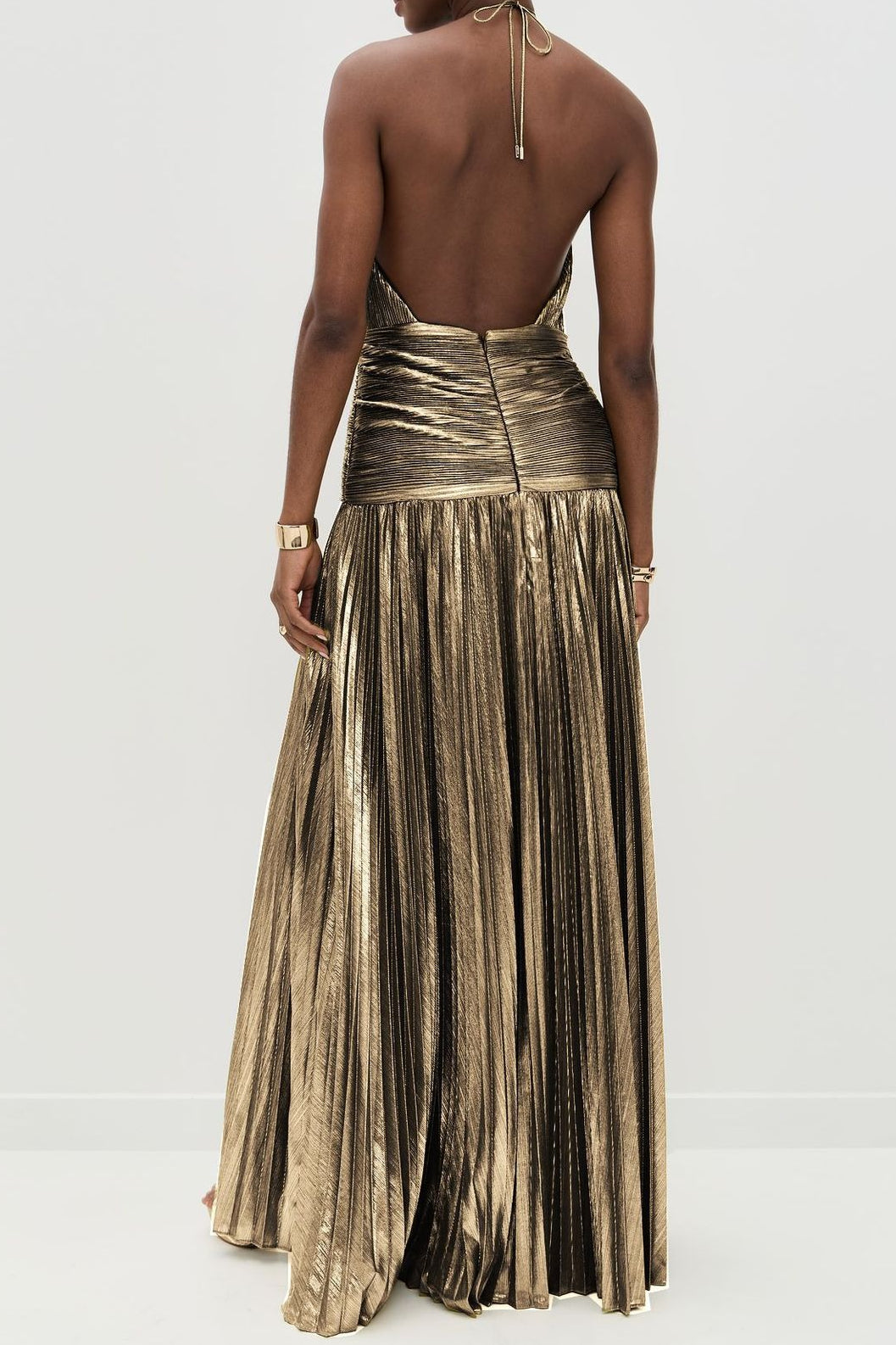 Metallic Pleated Halter Neck High Split Gown