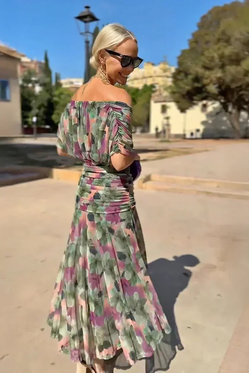 Floral Print Off Shoulder Twist Front Pleated Maxi Dress 8