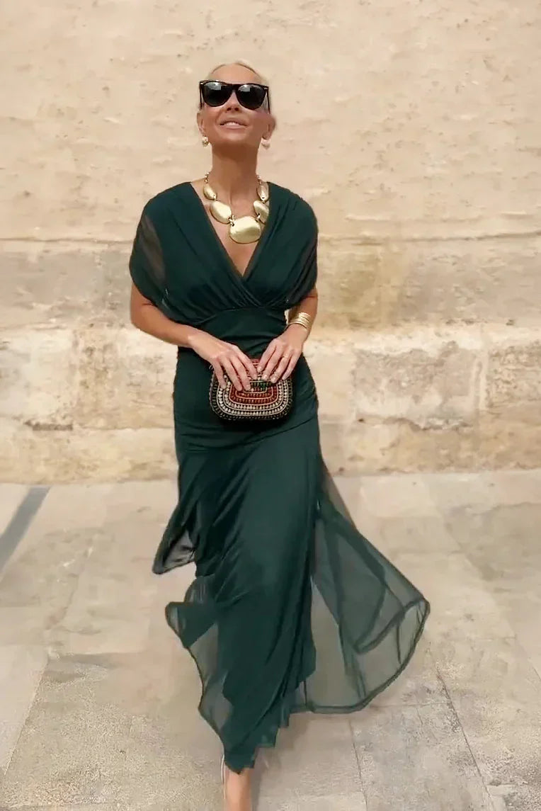 Chiffon Deep V-Neck Short Sleeve Ruched Waist Maxi Dress