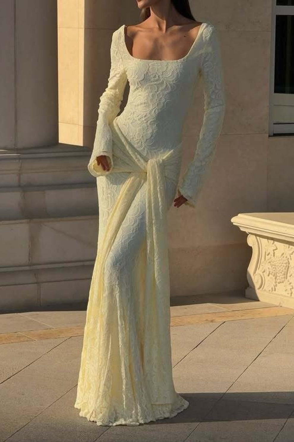 Lace Square Neck Long Sleeve Mermaid Maxi Dress