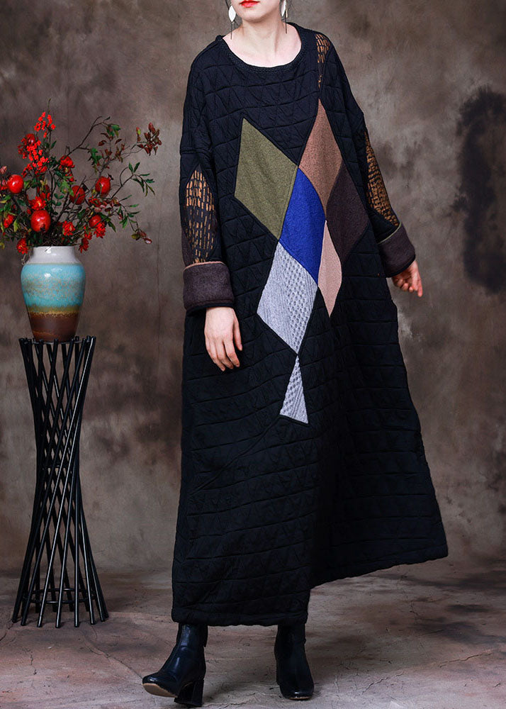 Quilted Geometric Patchwork Round Neck Long Sleeve Maxi Dress - View 2
