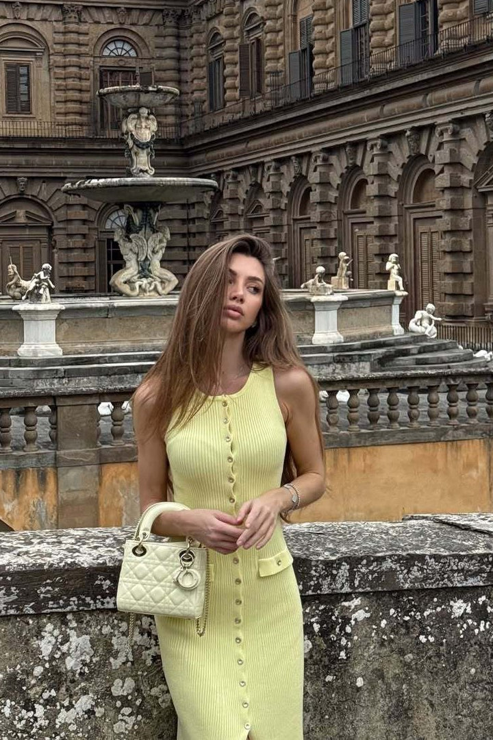 Ribbed Knit Sleeveless Button-Front Slit Midi Dress