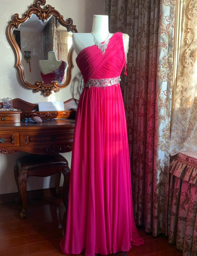 Pretty Rose Red One Shoulder Chiffon Pleated Beaded Evening Dress Long Wedding Guest Dress D1776
