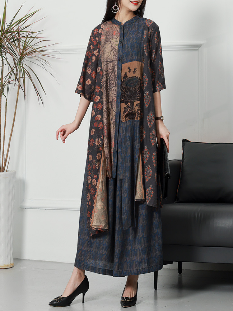 Floral Print Stand Collar Button-Down Batwing Maxi Dress 5