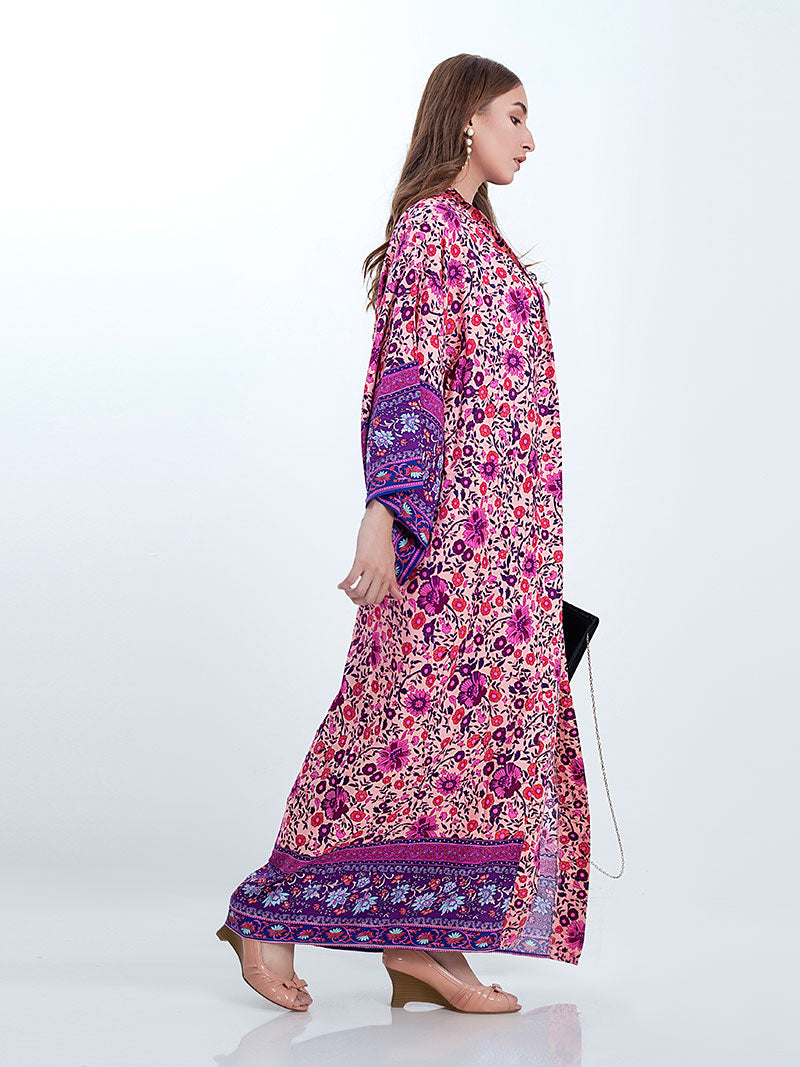 Bridal Wear Long Length Floral Print Purple Color Cotton Gown Kimono Robe - Fashionpara