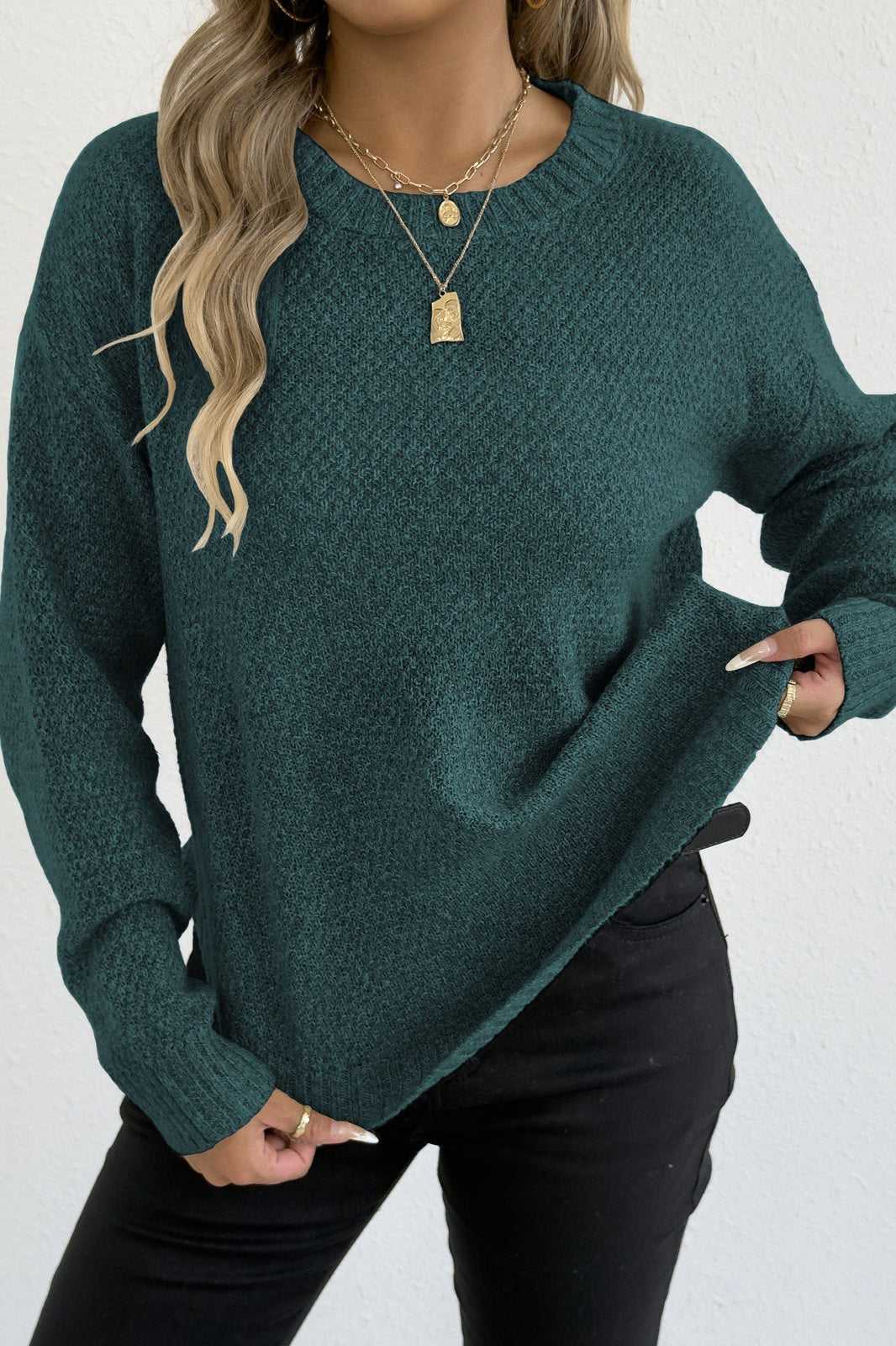 Textured Crew Neck Longline Sweater