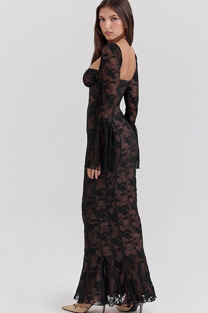Lace Sweetheart Bell Sleeve Corset Fishtail Maxi Dress