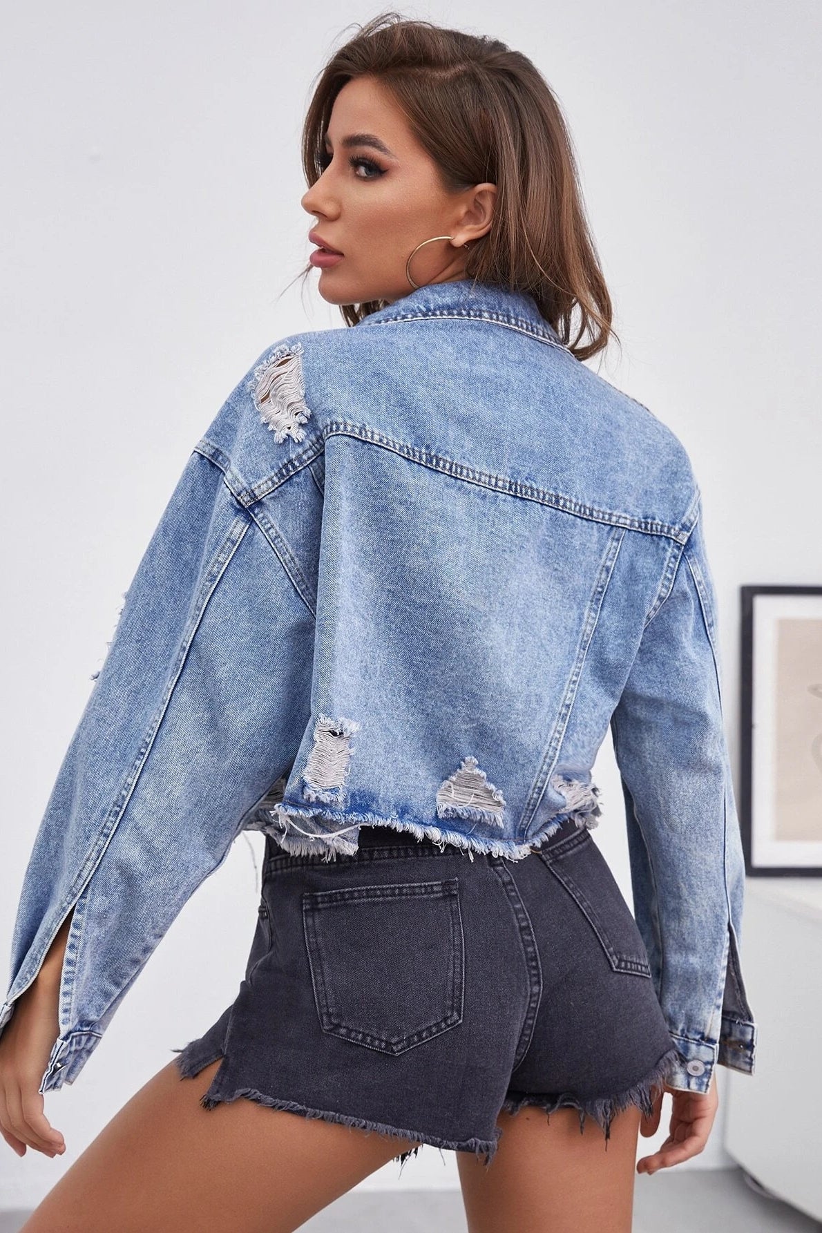 Frayed Distressed Denim Coat for a Trendy Casual Look
