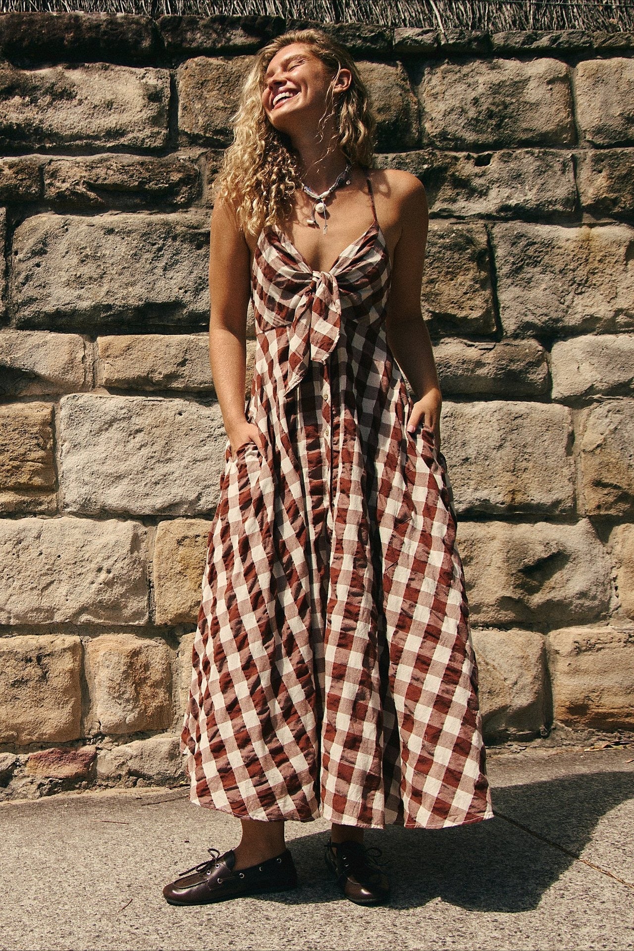 Chic Plaid Buttoned Halter Midi Dress