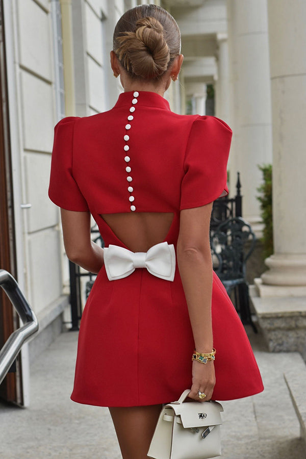 Charlie Backless Satin Bow Slit Mini Dress