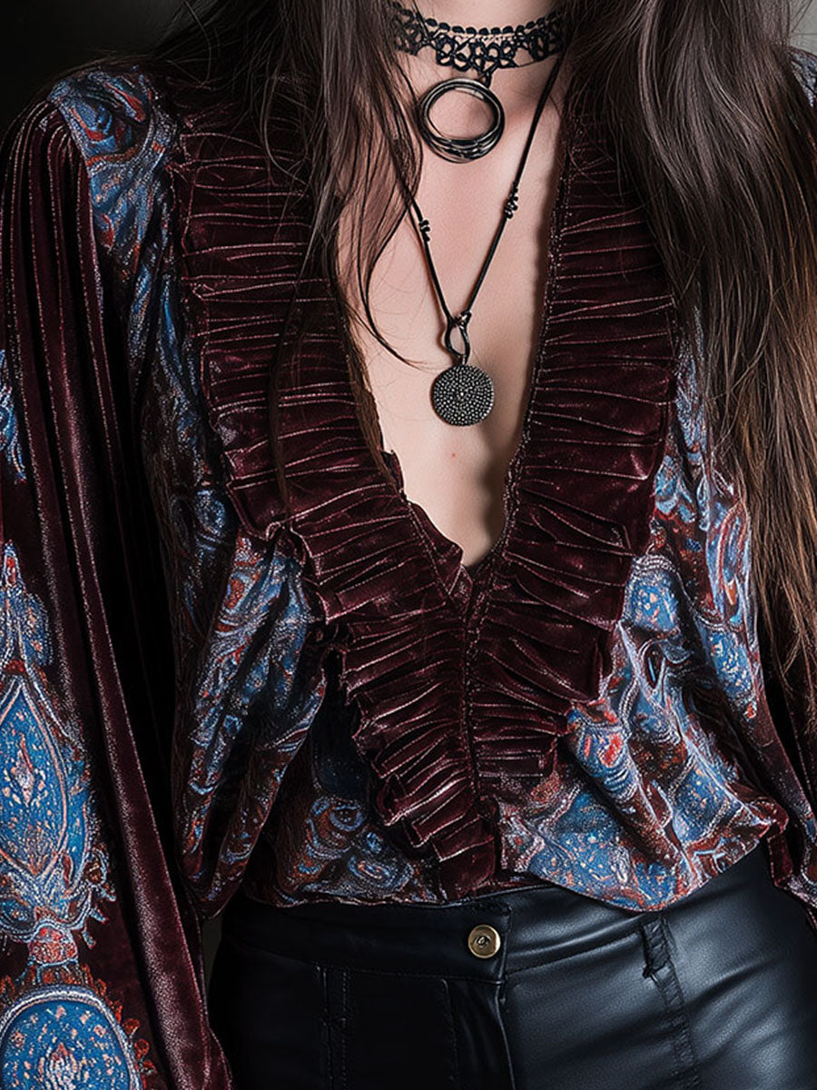 Boho Paisley Print Velvet Puff Sleeve Blouse - Fashionpara