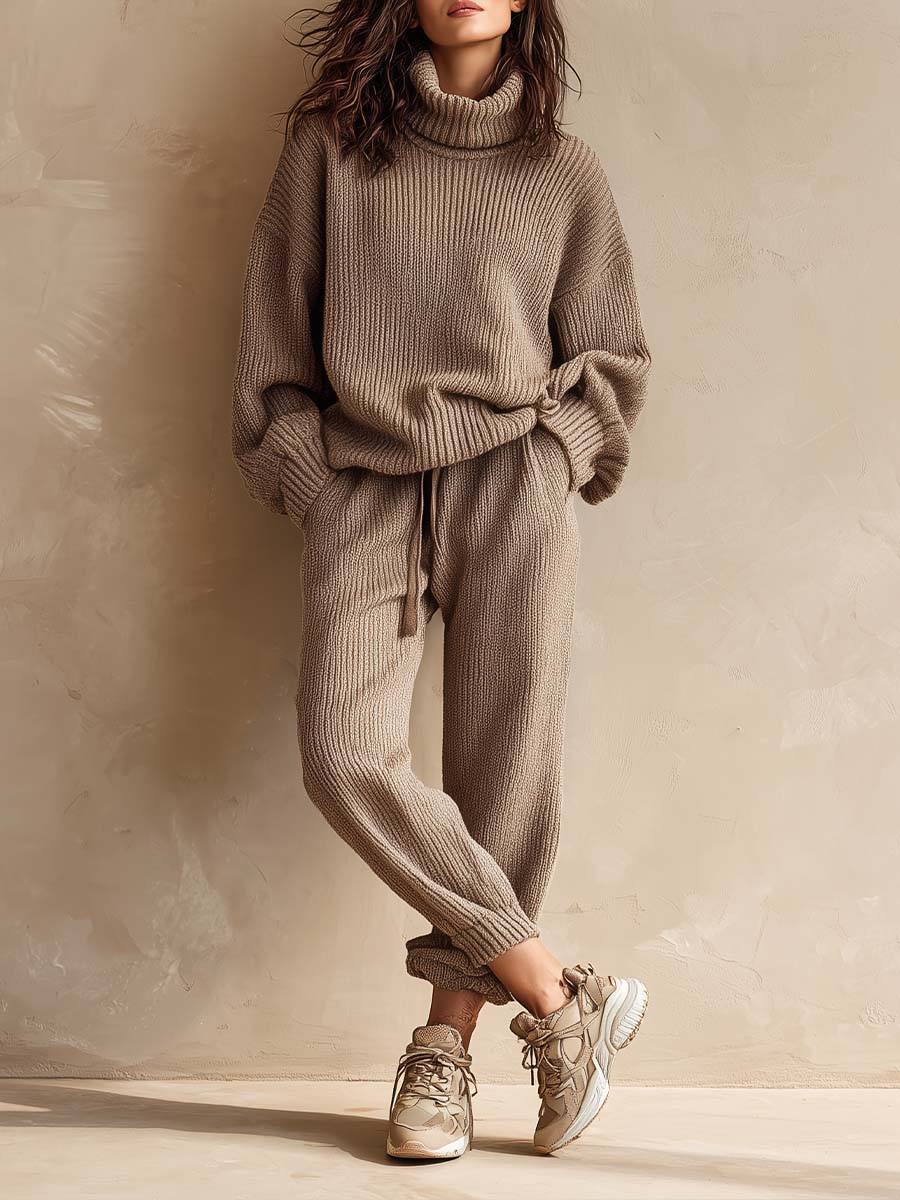 Cozy Knit Turtleneck Sweater And Jogger Set - Fashionpara