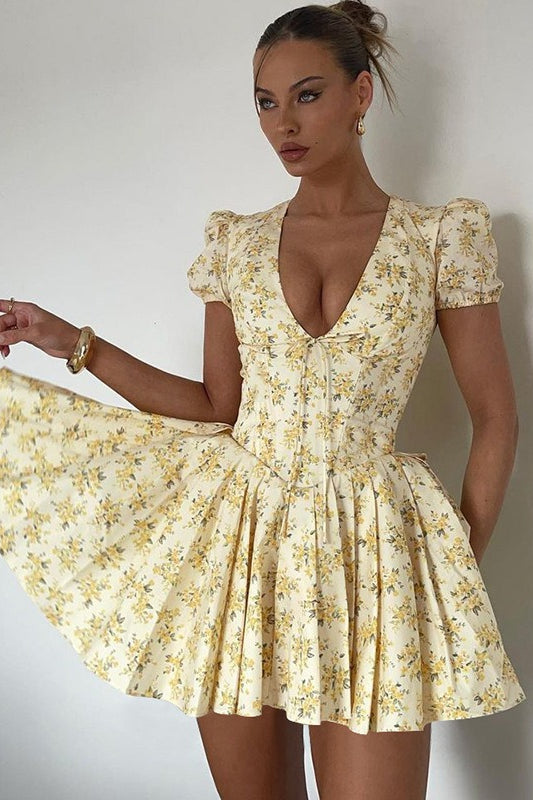 Floral Deep V-Neck Puff Sleeve Flared Mini Dress 4
