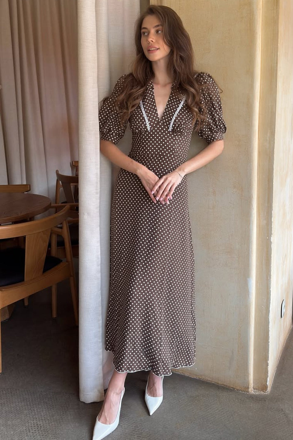 Polka Dot Collared V-Neck Puff Sleeve Midi Dress