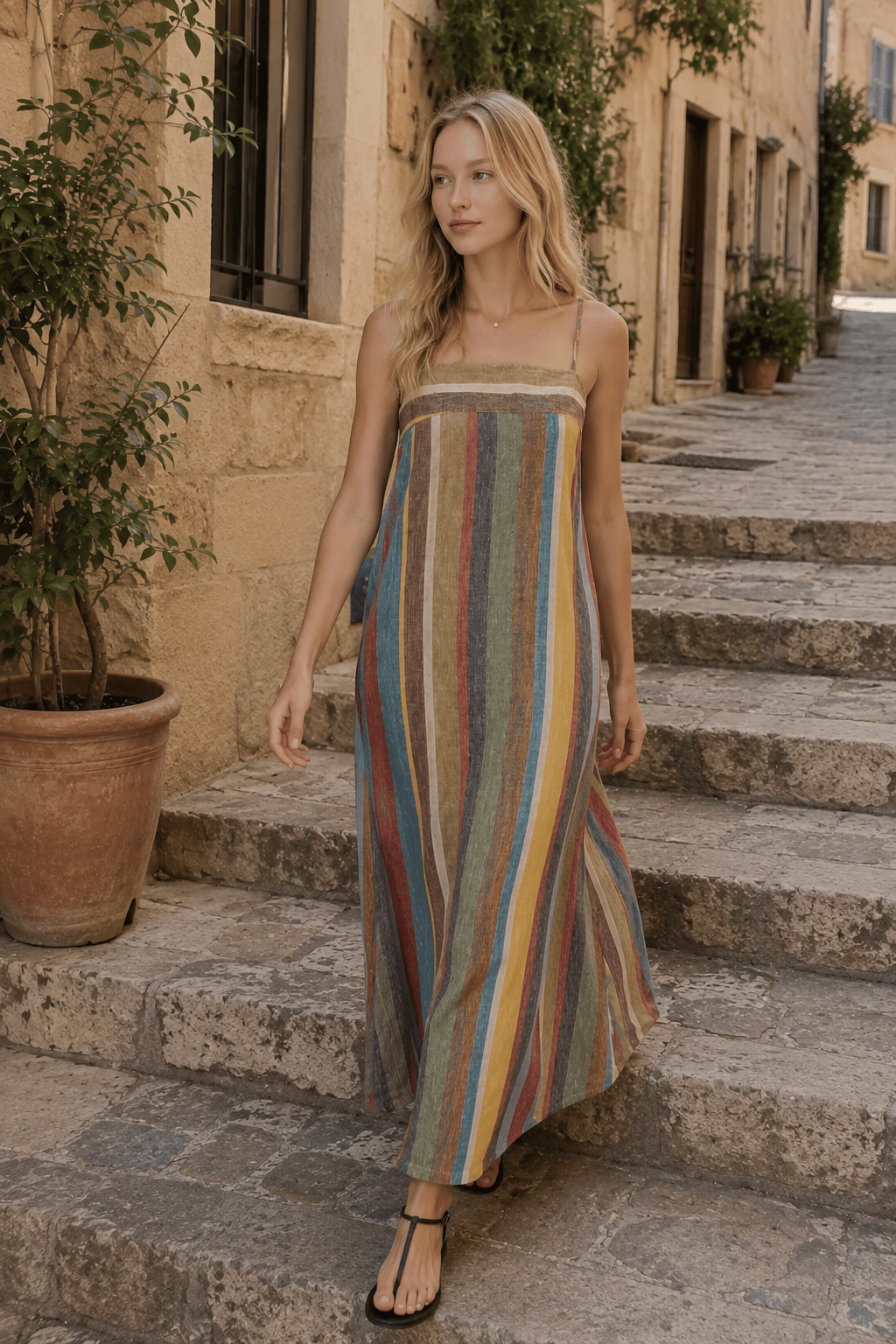 Striped Square Neck Sleeveless Maxi Dress