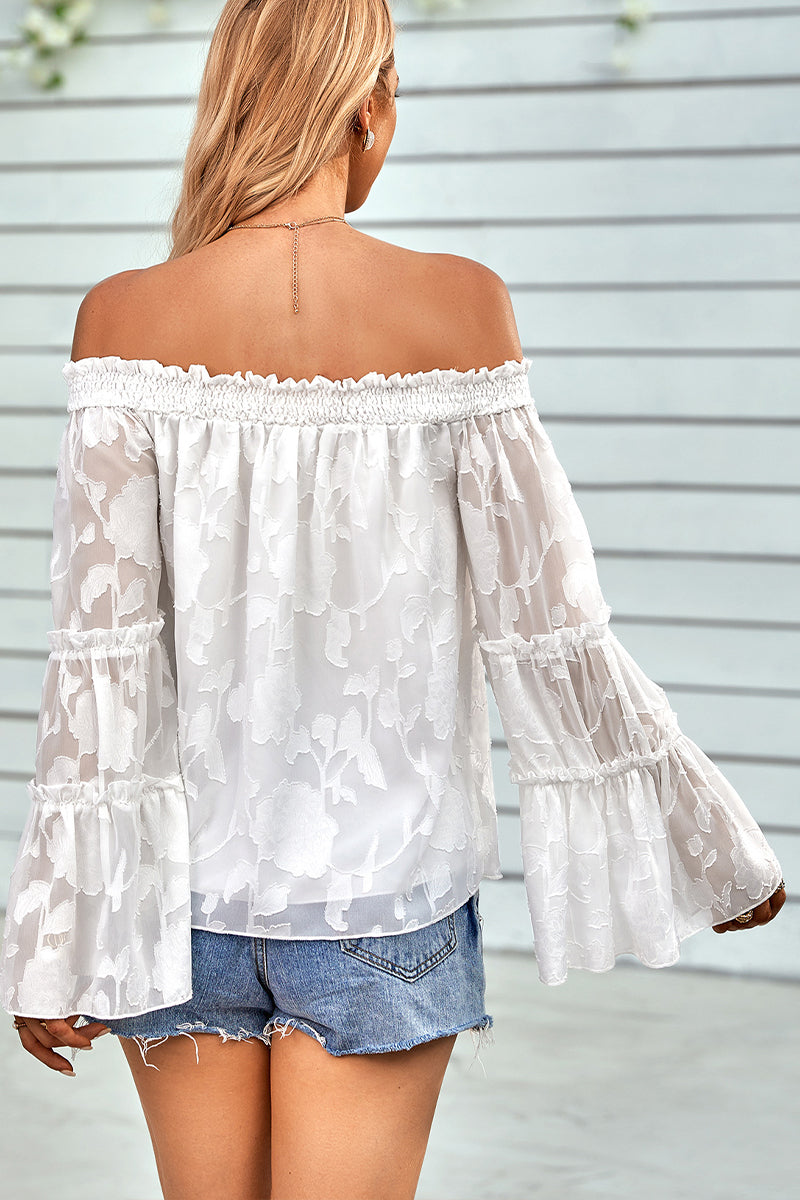 Off Shoulder Neck Long Sleeve Chiffon Top - Fashionpara