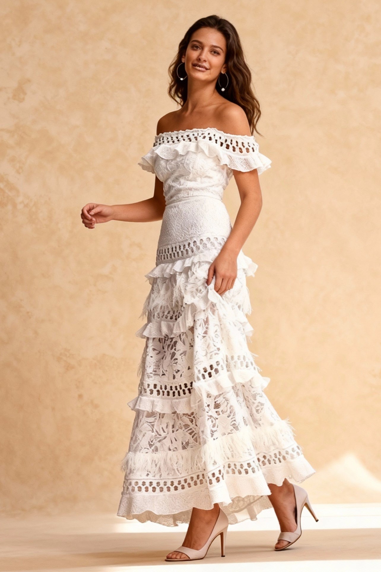 One-Shoulder Ruffled Hollow Swing Graceful Lace Patchwork Long Dress