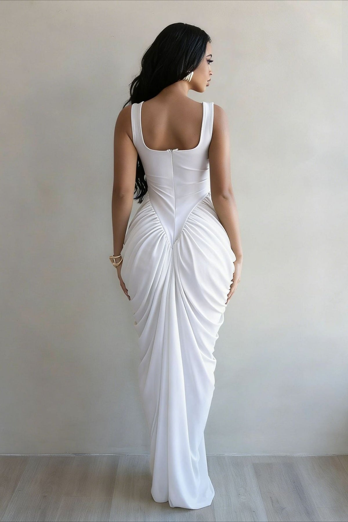 Mesh Scoop Neck Ruched Draped Mermaid Maxi Dress
